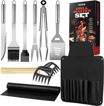 Squago BBQ accessoires XXL Set met Schort - Gereedschap - Gereedschapset Tang Borstel Mat