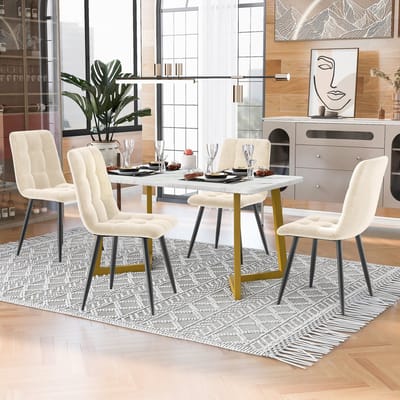 Eetkamerset - 117 cm - rechthoekige tafel + 4 beige fluwelen stoelen gouden poten - modern keuken set - fluweel+metaal - goud