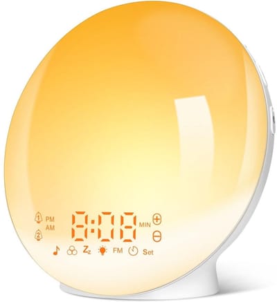 GELLDG Weklicht - Wekker met Sfeerverlichting en FM-radio - 7 Natuurlijke Geluiden - Geschikt voor Gezonde Opwekking - Plastic - 210x170x90mm
