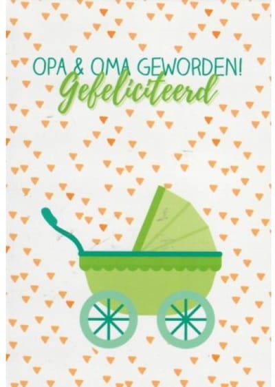 Opa en oma geworden! Van harte gefeliciteerd! Een grappige kaart met een afbeelding van een kinderwagen. Leuk om zo te geven of om bij een cadeau te voegen. Een dubbele wenskaart inclusief envelop en in folie verpakt.
