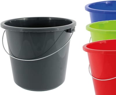 Set van 4 Kunststof Emmer 5 Liter Voedselveilig met Metalen Beugel Blauw Rood Groen Zilver