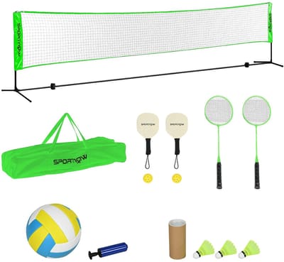 Roossentials badmintonset - 7-delige badmintonset - Multisport set - Volleybal set - 2 badmintonrackets - 3 ruches, 2 pickleball rackets - 2 pickleball ballen - 1 volleybal