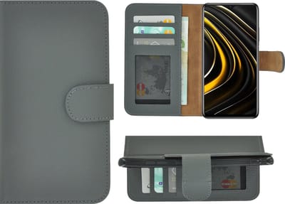 Hoesje Geschikt voor Xiaomi Poco M3 - Bookcase - Portemonnee Hoes Echt leer Wallet case Grijs