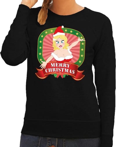 Foute kersttrui / sweater sexy kerstvrouw - zwart - Merry Christmas voor dames S