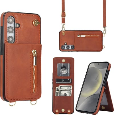 Multimedia & Accessoires Stijlvolle Leren Fashion Backcover Case Hoesje met Koord, Stand Ritsvak en Pasjeshouders geschikt voor Samsung Galaxy S24 - Bruin