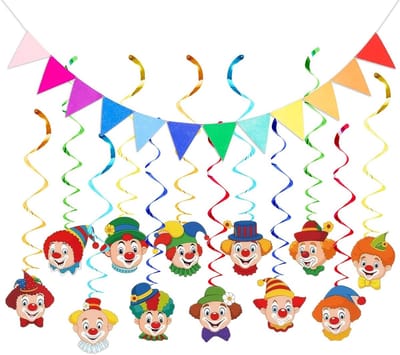Kleurrijke Clown Slingers en Vlaggen voor Verjaardagsfeest – 12 Stuks + 3m Driehoekige Vlaggen – Feestdecoratie voor Buiten en Binnen