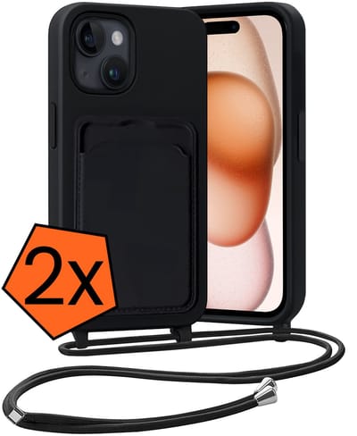 Hoesje Geschikt voor iPhone 15 Plus Hoesje Met Telefoonketting Pasjeshouder Case Koord - Hoesje Geschikt voor iPhone 15 Plus Hoes Met Kaarthouder - Zwart - 2 PACK