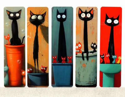 Viwado® Katten Bladwijzers – Set van 5 – Dubbelzijdige Papieren Boekenleggers – 15x4 cm – Kleurrijke Katten Illustraties – Cadeau voor Lezers & Kattenliefhebbers