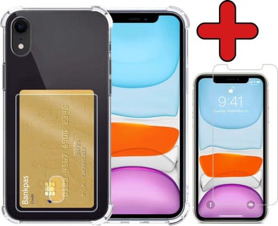 Hoesje - Geschikt voor Apple iPhone XR - Met Screenprotector - Pashouder - Kaarthouder - Back Cover - Telefoon Hoes Shockproof - Siliconen Case - Shock Proof - Pasjes Houder - Telefoonhoes - Transparant