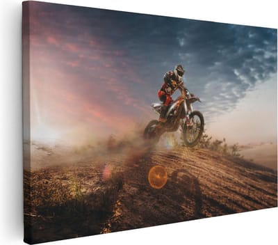 Artaza Canvas Schilderij Motor - 30x20 cm - Klein - Wanddecoratie Zonsondergang - Muurdecoratie Actie - Kamer Accessoires Woonkamer