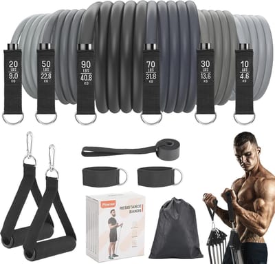 Weerstandsbandenset voor thuis fitness - 6 stuks, tot 122,5 kg weerstand, met handgrepen, deuranker, enkelbanden en opbergtas