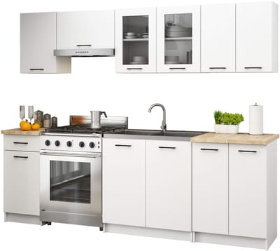 Complete Keuken, Keukenmeubelset OLIWIA met Verkblad 240 cm breed met Vitrinekast / Keukeneenheid zonder apparatuur / Wit / 240 x 203 x 46 cm