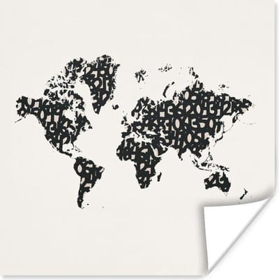 Poster 30x30 cm - Wereldkaart - Zwart - Wit - Cijfers - Posters - Kamer decoratie - Wanddecoratie woonkamer - Muurdecoratie slaapkamer
