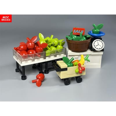 MOC Stenen Voedsel Fruit Display Plank Gereedschap Stad Keuken Accessoires Educatief Bouwstenen Kinder Speelgoed