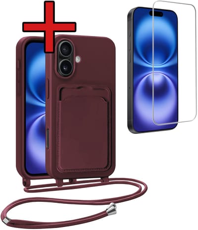Hoesje Geschikt voor iPhone 16 Plus Hoesje Met Telefoonkoord en Pasjeshouder Met Screenprotector Siliconen - Hoes Geschikt voor iPhone 16 Plus Hoesje Met Kaarthouder Case - Aubergine