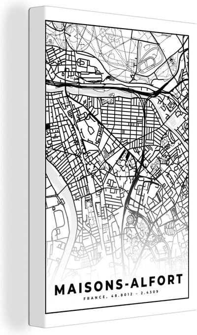 Canvas Schilderij Stadskaart - Plattegrond - Maisons-Alfort - Kaart - Frankrijk - Zwart wit - 20x30 cm - Wanddecoratie