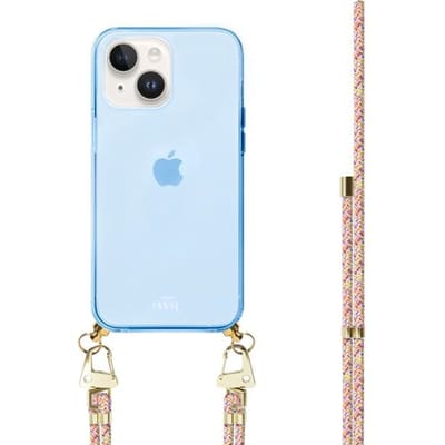 xoxo Wildhearts silicone case met koord - Blauw telefoonhoesje met koord - telefoonketting - Rainbow Vibes - Cord Case - geschikt voor Apple iPhone 13 - Regenboog koord - meerkleurig