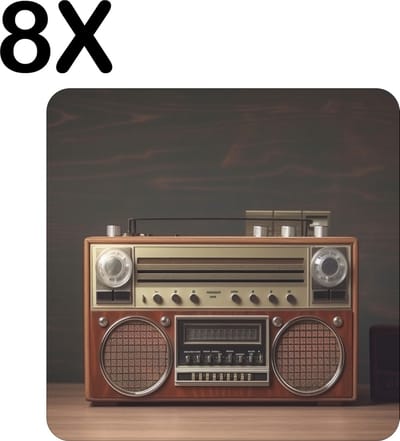 Luxe Placemat - Vintage Radio met Donkere Achtergrond - Set van 8 Placemats - 50x50 cm - 2 mm dik Vinyl - Anti Slip - Afneembaar