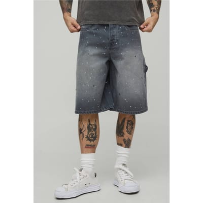 All Over Rhinestone Overdye Denim Jorts | Grey | Size 46