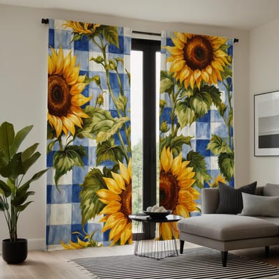 2 pièces de rideau de décoration de jardin tournesol à carreaux bleus et blancs HD Rideau imprimé numériquement jaune décoration de maison style décoratif W52H63inchW132H160cm white