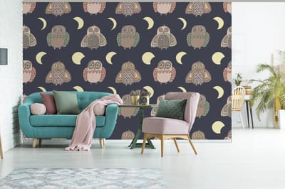 Behang - Fotobehang Uil - Patronen - Maan - Breedte 330 cm x hoogte 220 cm