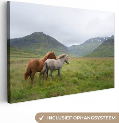 Canvas Schilderij Paarden - Gras - Bergen - 90x60 cm - Wanddecoratie