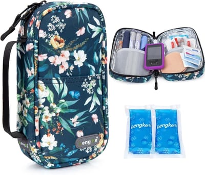 Compacte insuline koeltas in blauw camelia ontwerp, ideaal voor diabetes, draagbaar en temperatuurbehoudend