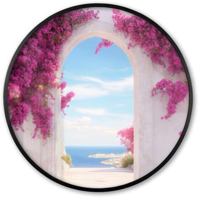 Poster in lijst Rond - Fotolijst 60x60 cm - Posters - Zee - Roze - Bloemen - Poort - Ronde posterlijst zwart - Decoratie - Wanddecoratie woonkamer - Muurdecoratie slaapkamer