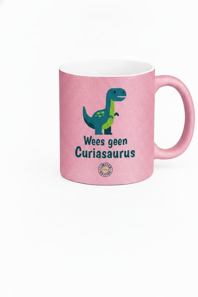 Grappige Mok Dinosaurus 'Wees Geen Curiasaurus' – Groene Dino – Glitter Mok Roze – Cadeau Vriendin Collega – Keramiek 330 ml