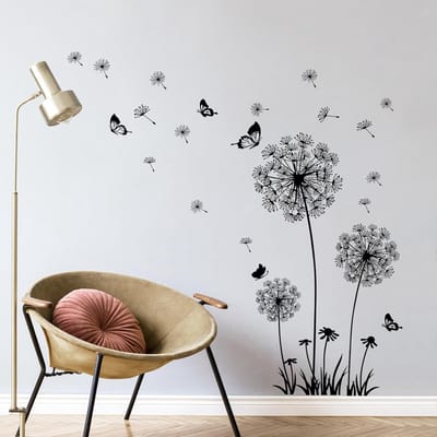 Dandelion Muurstickers met Bloemen en Vliegende Vlinders voor Slaapkamer en Woonkamer Decoratie