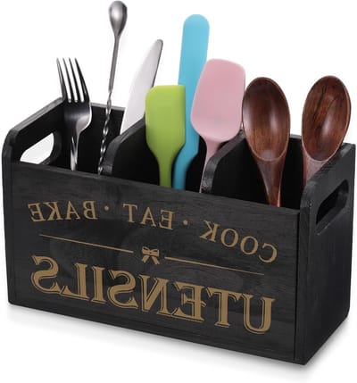 Houten Keuken Gereedschap Houder met 3 Compartimenten en Afvoer, Bestek Organizer voor Boerderijstijl Keuken, Keukenaccessoires Organizer