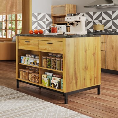 Pugsdrly 120 × 75 × 90 cm, keukeneiland in rustieke stijl – keukeneiland met 2 lades en 4 open planken, eikenhouten nerf, zwart marmeren werkblad, metalen frame, achterkant met barkast