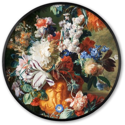 Poster in lijst Rond - Fotolijst 60x60 cm - Posters - Kunst - Oude meesters - Boeket bloemen in een urn - Ronde posterlijst zwart - Decoratie - Wanddecoratie woonkamer - Muurdecoratie slaapkamer