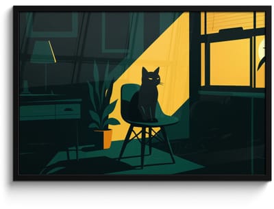 Poster in lijst - Fotolijst 90x60 cm - Posters - Zwarte kat - Mysterieus - Gele instraal - Posterlijst zwart - Decoratie - Wanddecoratie woonkamer - Muurdecoratie slaapkamer