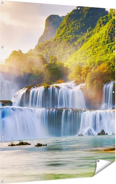 Gards Tuinposter Watervallen tussen de Bomen - 120x160 cm - Tuindoek - Tuindecoratie - Wanddecoratie buiten - Tuinschilderij