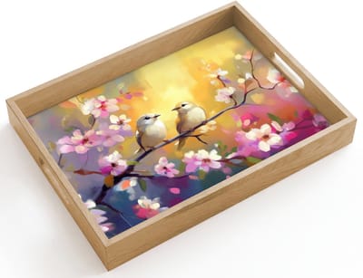 Dienblad hout 40x30 cm - Schootdienblad - Vogels - Bloemen - Roze - Borrelplank rechthoek - Plateau dienbladen