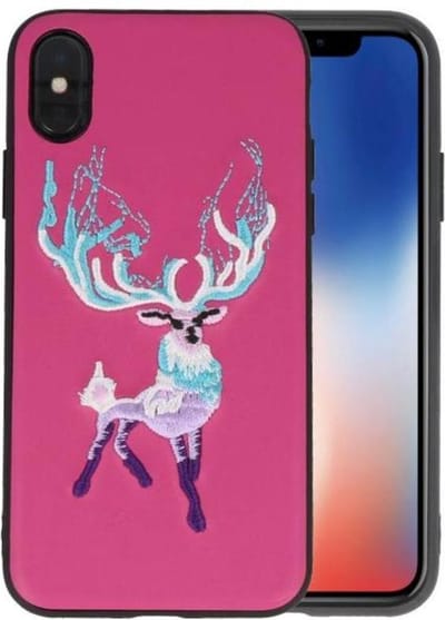 Borduurwerk Hert Back Cases - Hoesje Geschikt voor iPhone X Donker Roze
