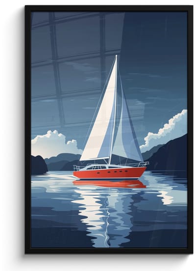 Poster in lijst - Fotolijst 60x90 cm - Posters - Zeilboot - Donkere bergen - Stilte - Posterlijst zwart - Decoratie - Wanddecoratie woonkamer - Muurdecoratie slaapkamer