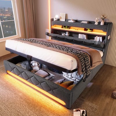 Gestoffeerd Bed 200x200 cm met Opbergruimte & Bedlade – Fluwelen Tweepersoons Bed met Hoofdbord en Lattenbodem – Beige – Pauwhome