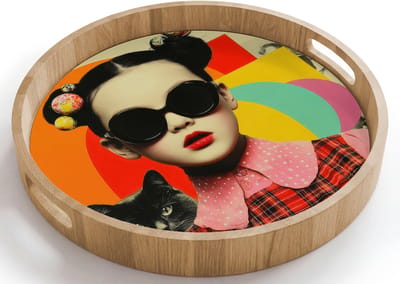 Dienblad rond 40x40 cm - Schootdienblad hout - Meisje - Zonnebril - Kat - Retro - Borrelplank rechthoek - Plateau houten dienbladen