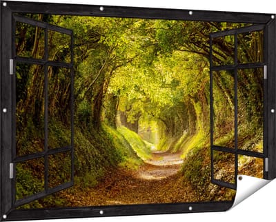 Gards Tuinposter Doorkijk Pad in het Bos met veel Bladeren - 150x100 cm - Tuindoek - Tuindecoratie - Wanddecoratie buiten - Tuinschilderij