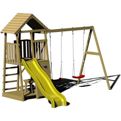 Wendi Toys Houten speeltoren giraffe met glijbaan, klimwand, 2 schommels &