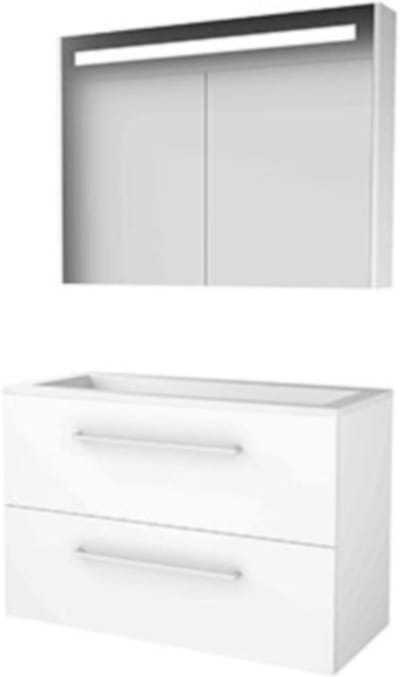Basic-Line Premium 46 Badkamermeubelset - 100 x 46 cm - Met Grepen - 2 Lades - Acryl Wastafel - Zonder Kraangat - Spiegelkast met LED Verlichting - Ice White