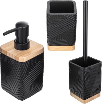 KADAX Set van 3 voor badkamer, tandenborstelbeker, afwasmiddeldispenser en toiletborstel, decoratieve tandenborstelbeker, moderne zeepdispenser, wc-garnituur (vierkant, zwart)