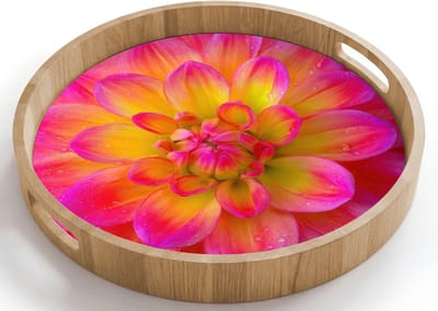 Dienblad rond 40x40 cm - Schootdienblad hout - Roze - Dahlia - Kleurrijk - Borrelplank rechthoek - Plateau houten dienbladen