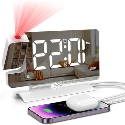 Alarmklok met Spiegelbeeld, 7.5 Inch, 6 Helderheidsniveaus, Projectie op Plafond, 180° Draaibaar, Dubbele Alarmfunctie, Snooze, USB/Type C Poorten, Radio, Verlichte Alarmklok voor Thuisgebruik