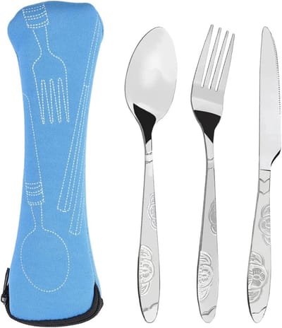 Bestekset van roestvrij staal voor 1, reisharnas set met koffer, draagbare bestekset, roestvrij staal, servies, school, lunchbox, kantoor, aktetassen of picknick, outdoor-activiteiten (lepel vork mes)