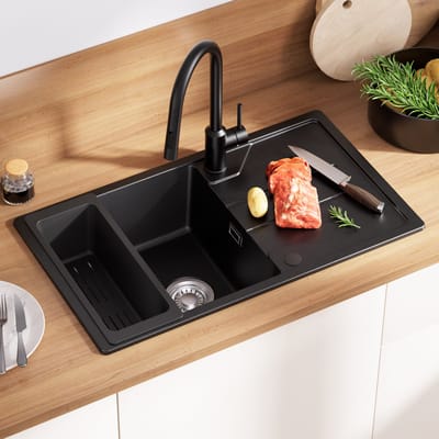 CECIPA max Granieten Spoelbak 78*45cm - Spoelbak Keuken Zwart - Spoelbakken Keuken Met Planchet en Afvoermand - Wasbak Keuken Met Waterafvoersysteem
