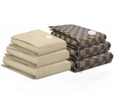Famanu – Vacuümzakken voor Kleding & Reizen van Stevige Ruimtebesparende Opbergzakken – Herbruikbare Luchtdichte Compressiezakken voor Dekbedden etc. – 6 Stuks (S/M/L) – Incl. Handpomp – Bruin/Beige