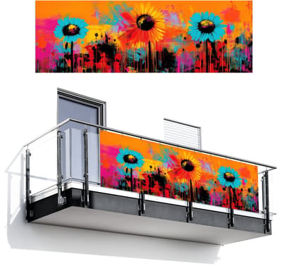 Balkonscherm 300x100 cm - Balkonposter Zonnebloemen - Abstract - Oranje - Balkon scherm decoratie - Balkonschermen - Balkondoek zonnescherm